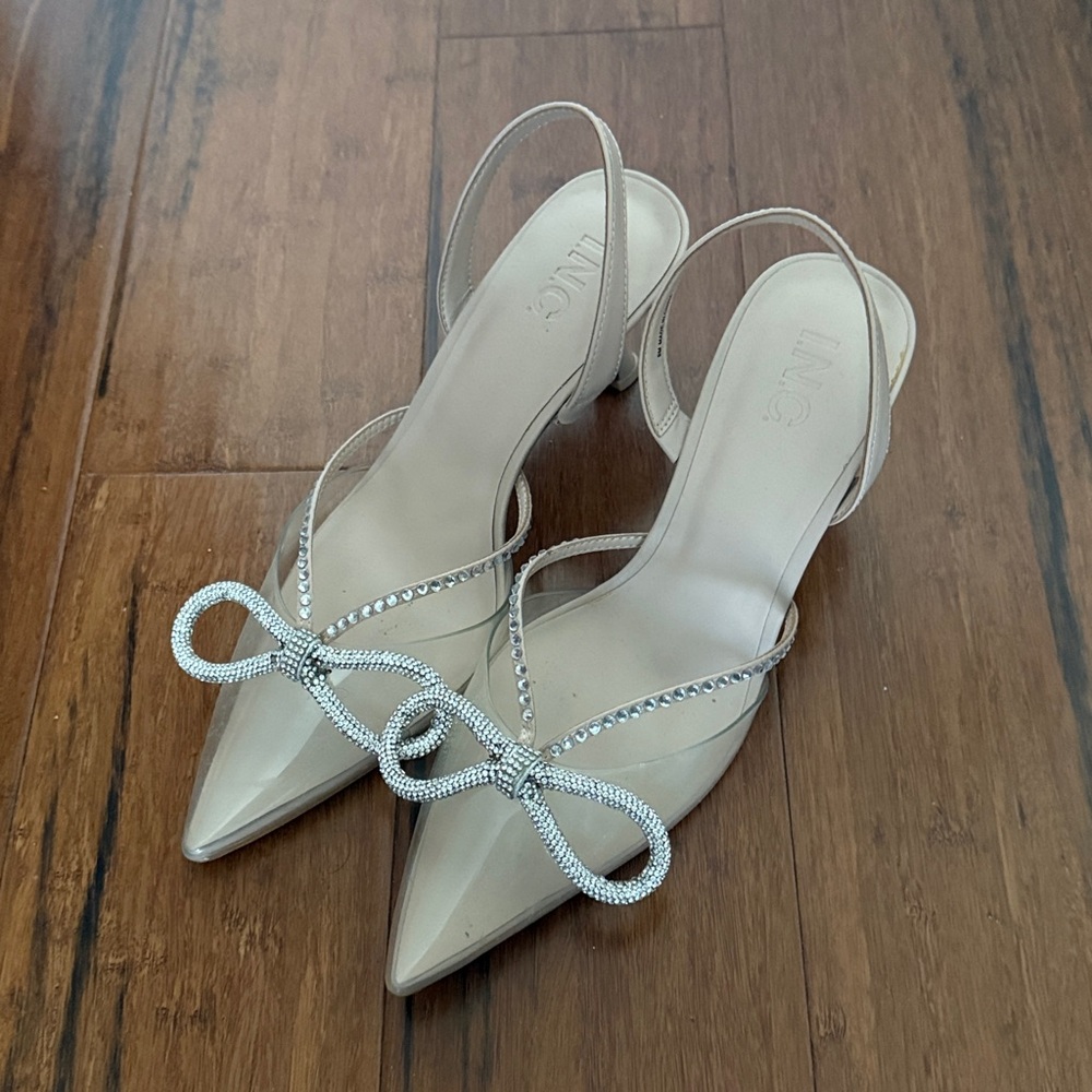 Elegant Beige Slingback Heels with Rhinestone Bow